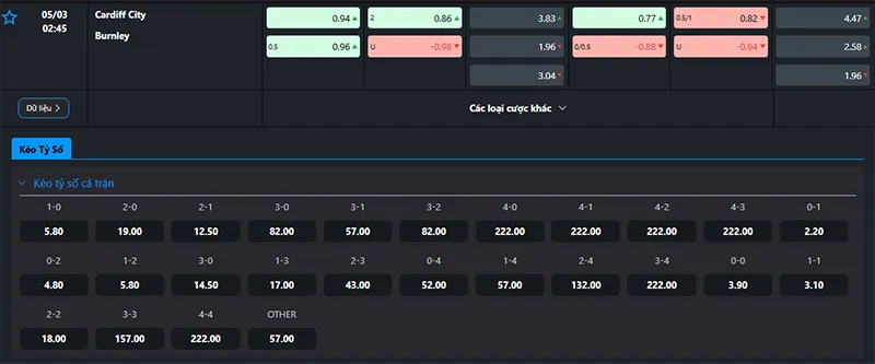 Tỷ lệ kèo Cardiff vs Burnley hôm nay 02h45 ngày 05/03/2025